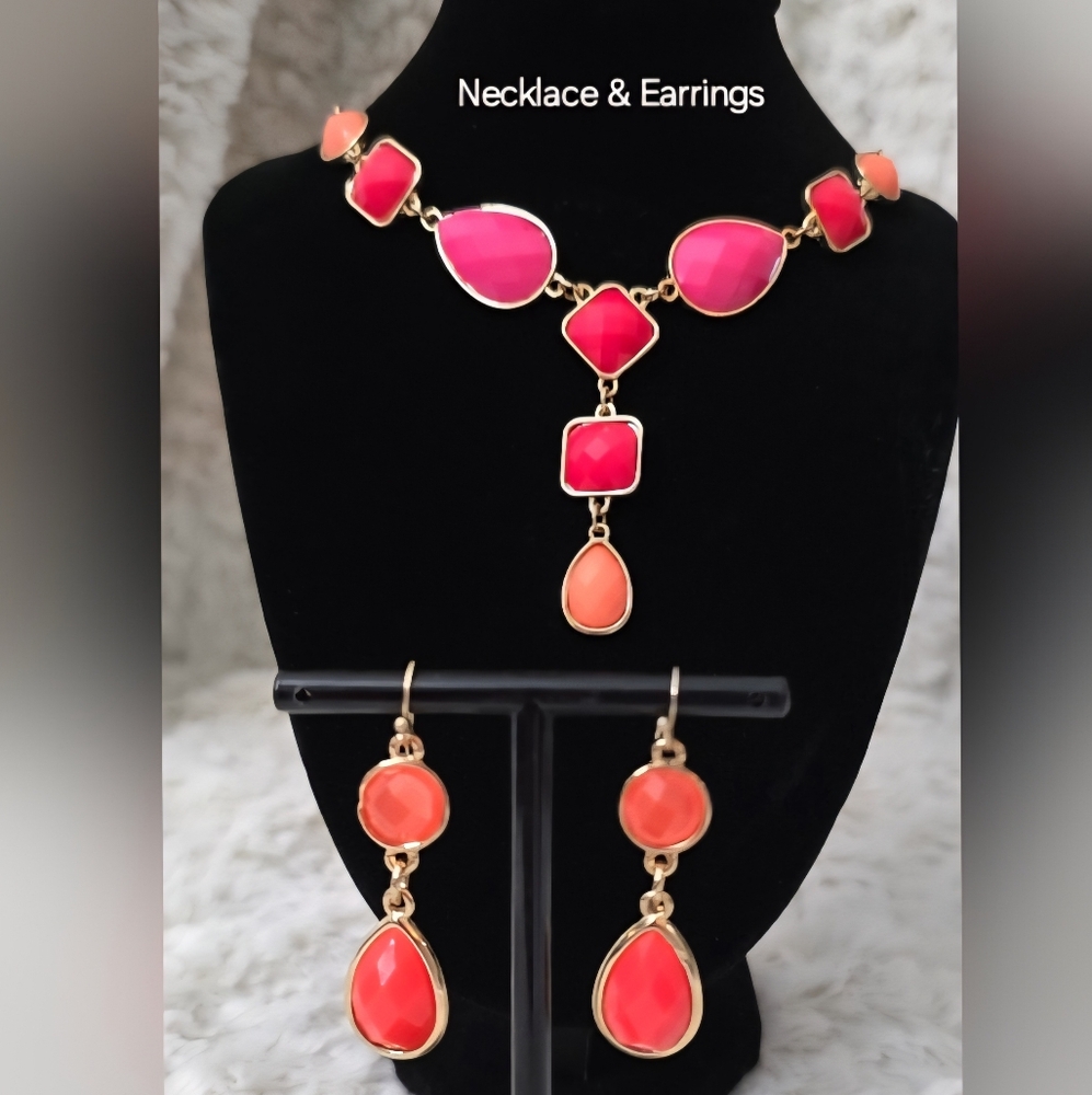 Vibrant Pink and Orange‎ Geometric Necklace & Earrings